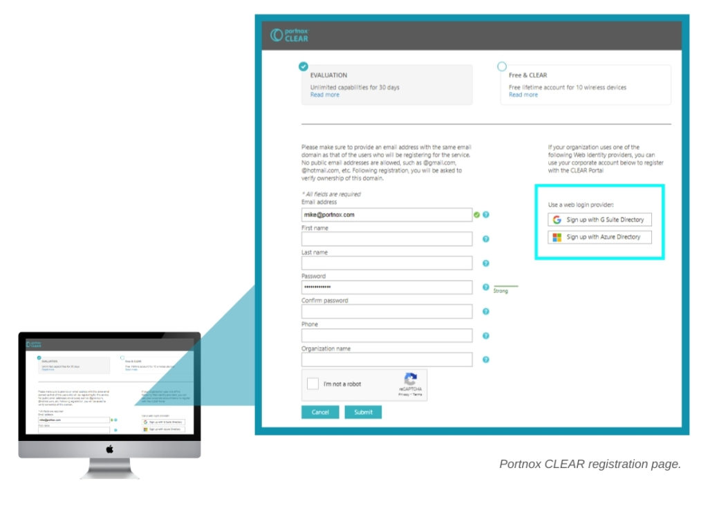 Portnox CLEAR registration page